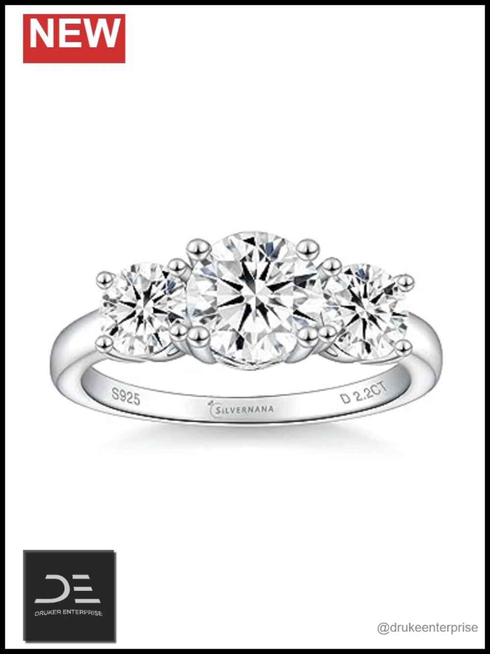 925 Sterling Silver White Gold Plated Moissanite 3 Stone Engagement Ring
